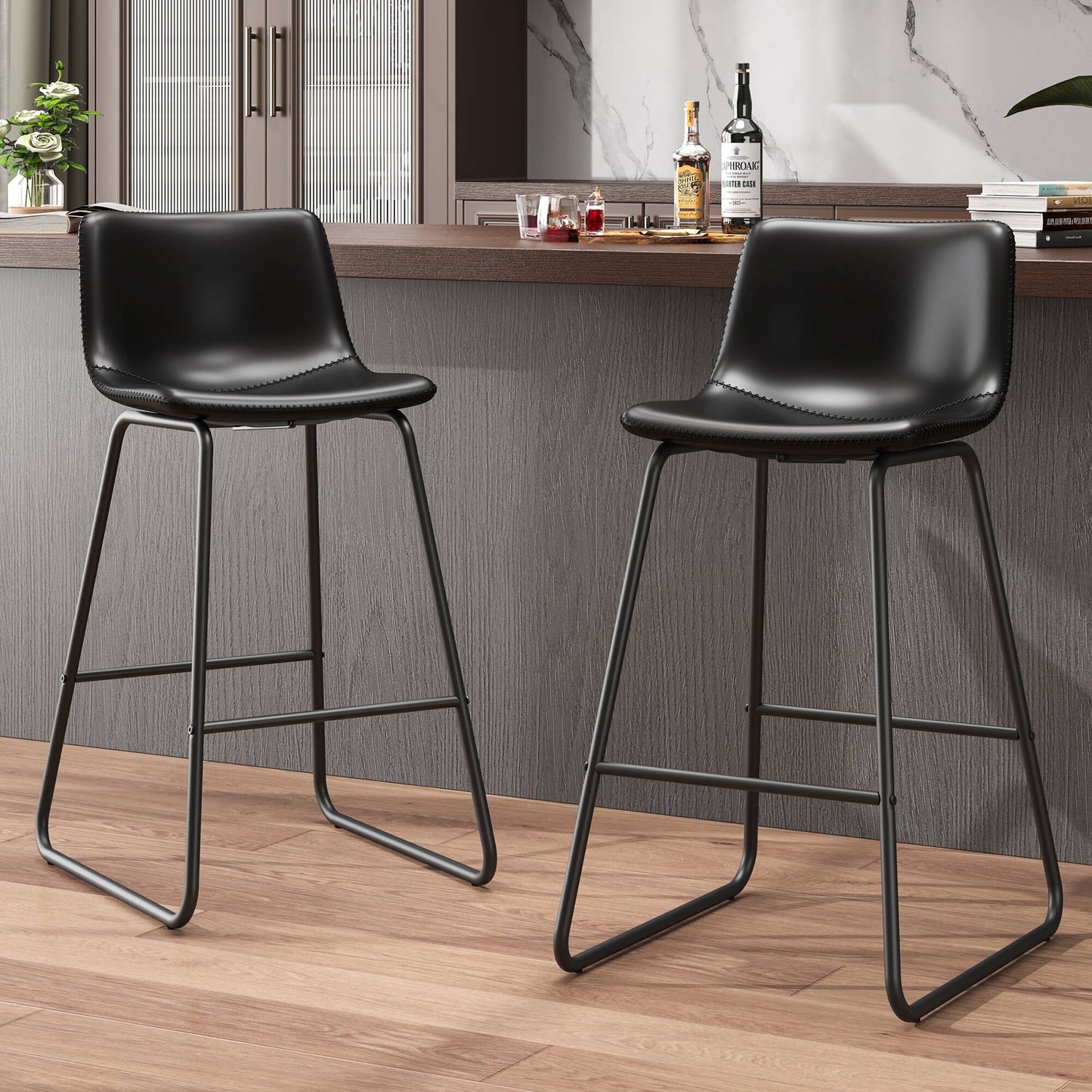 GIKPAL Bar Stools 26" Faux Leather Counter Height Barstools with Back Set of 2, Modern Counter Stools with Metal Legs and Footrest, Armless Chairs with Back for Kitchen Living Room Pub, Black