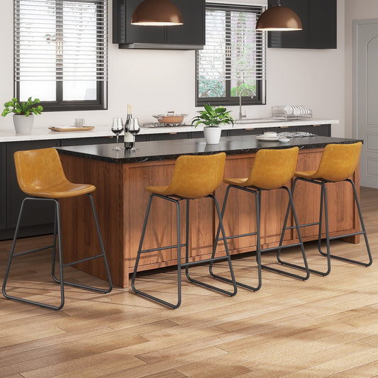 GIKPAL Bar Stools 26" Faux Leather Counter Height Barstools with Back Set of 6, Modern Counter Stools with Metal Legs and Footrest, Armless Chairs with Back for Kitchen Living Room Pub, Whiskey Brown