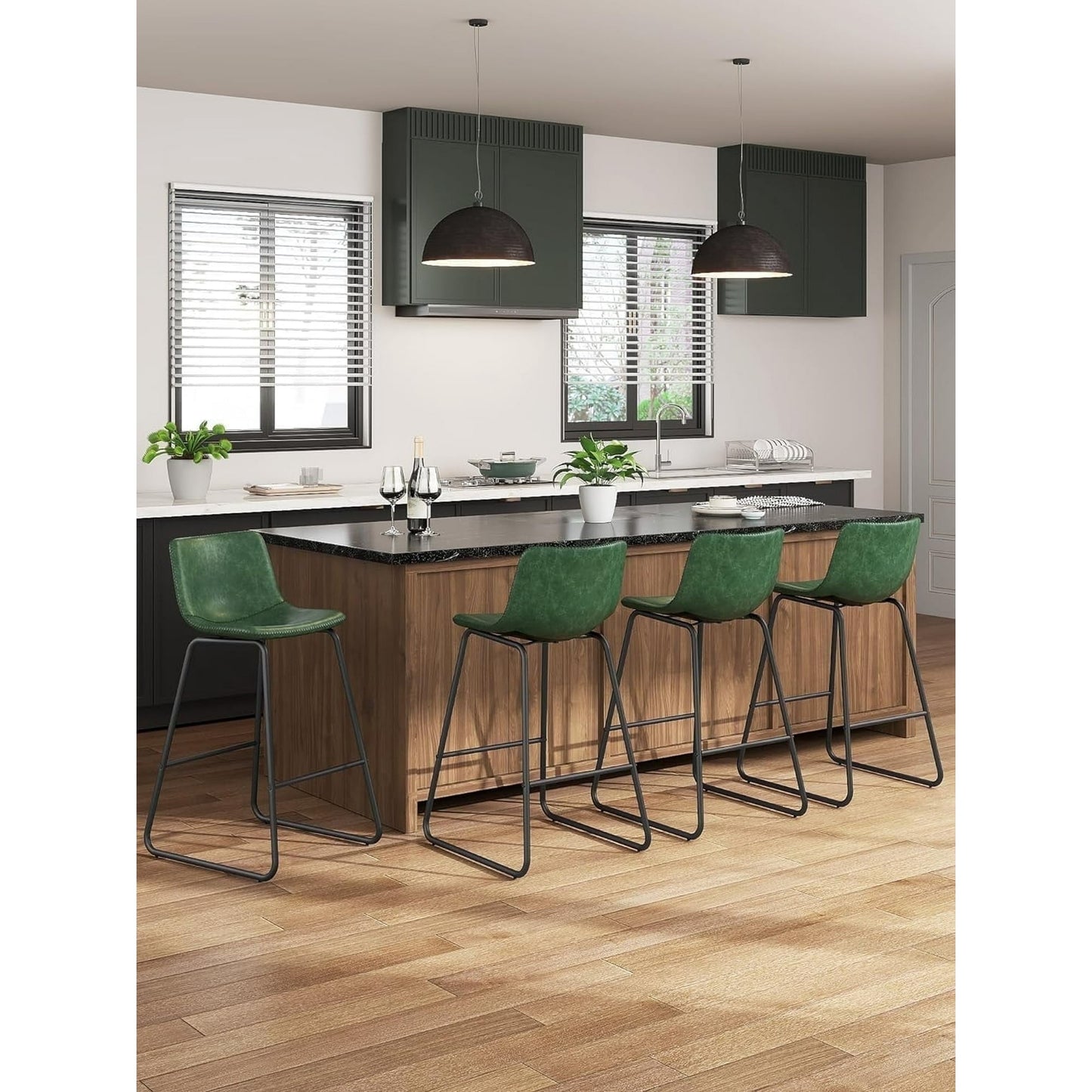 GIKPAL Bar Stools 26" Faux Leather Counter Height Barstools with Back Set of 6, Modern Counter Stools with Metal Legs and Footrest, Armless Chairs with Back for Kitchen Living Room Pub, Green