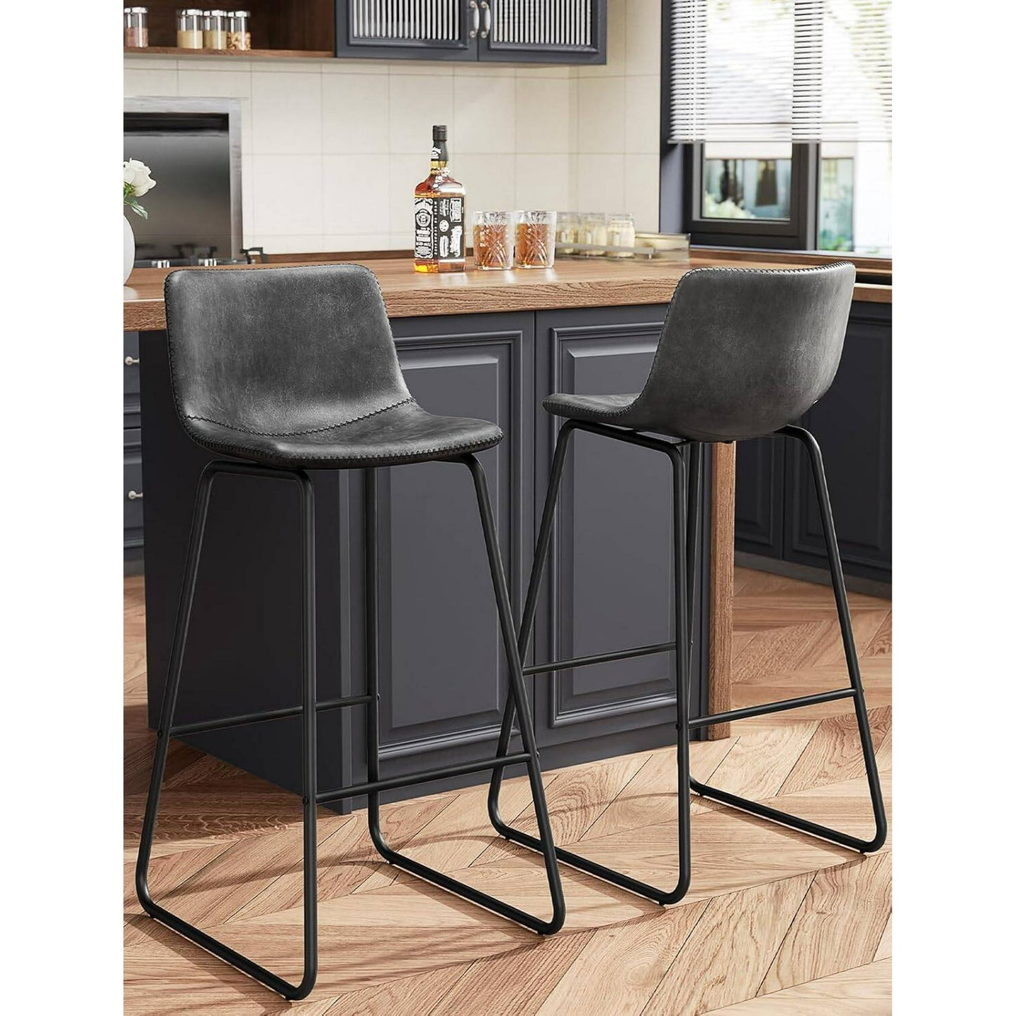 GIKPAL Bar Stools 30" Faux Leather Counter Height Barstools with Back Set of 2, Modern Counter Stools with Metal Legs and Footrest, Armless Chairs with Back for Kitchen Living Room Pub,Gray