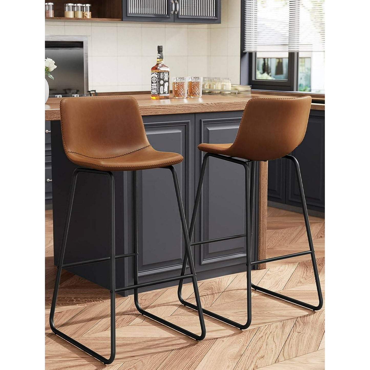 GIKPAL Bar Stools 30" Faux Leather Counter Height Barstools with Back Set of 2, Modern Counter Stools with Metal Legs and Footrest, Armless Chairs with Back for Kitchen Living Room Pub, Dark Brown