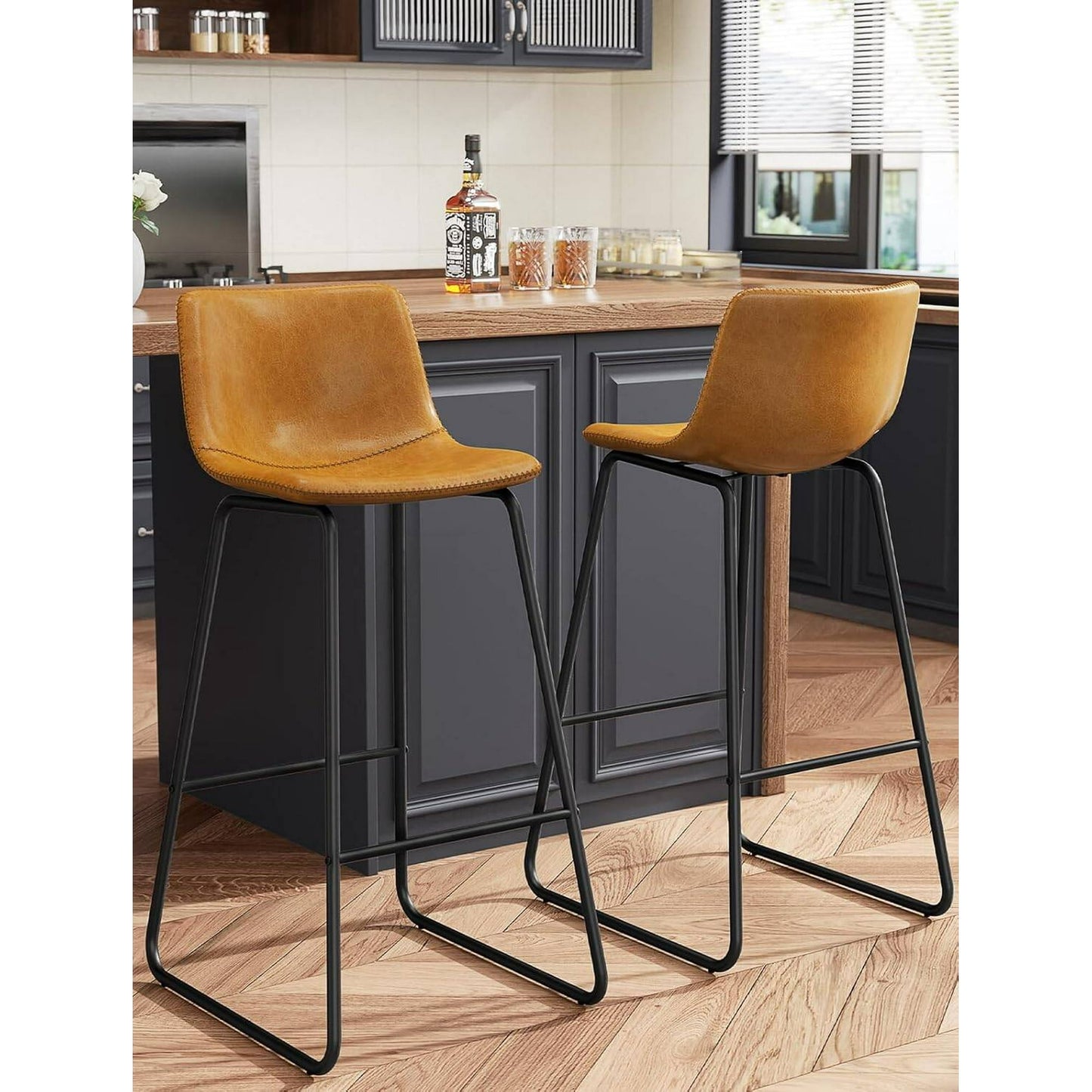 GIKPAL Bar Stools 30" Faux Leather Counter Height Barstools with Back Set of 2, Modern Counter Stools with Metal Legs and Footrest, Armless Chairs with Back for Kitchen Living Room Pub, Whiskey Brown