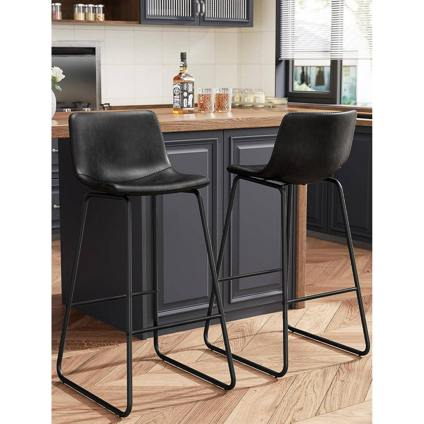 GIKPAL Bar Stools 30" Faux Leather Counter Height Barstools with Back Set of 2, Modern Counter Stools with Metal Legs and Footrest, Armless Chairs with Back for Kitchen Living Room Pub, Black