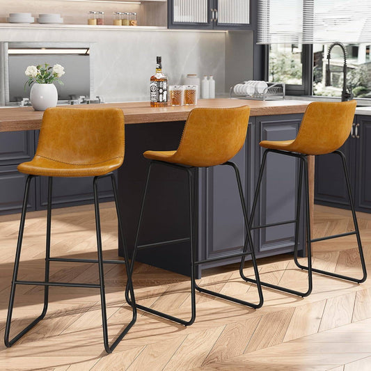 GIKPAL Bar Stools 30" Faux Leather Counter Height Barstools with Back Set of 3, Modern Counter Stools with Metal Legs and Footrest, Armless Chairs with Back for Kitchen Living Room Pub, Whiskey Brown