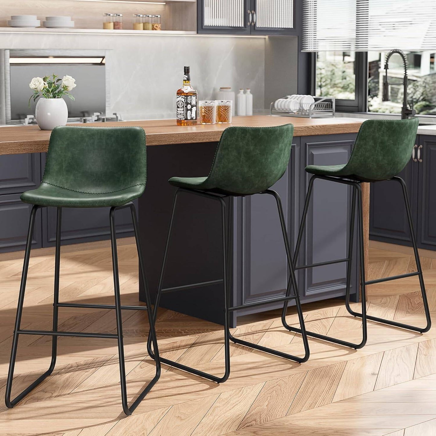 GIKPAL Bar Stools 30" Faux Leather Counter Height Barstools with Back Set of 3, Modern Counter Stools with Metal Legs and Footrest, Armless Chairs with Back for Kitchen Living Room Pub, Green