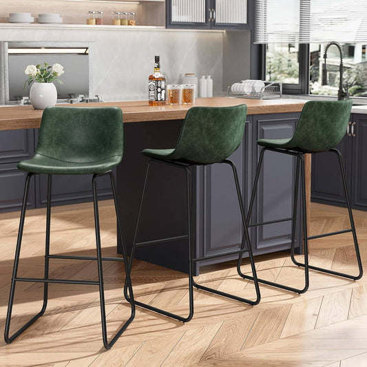 GIKPAL Bar Stools 30" Faux Leather Counter Height Barstools with Back Set of 3, Modern Counter Stools with Metal Legs and Footrest, Armless Chairs with Back for Kitchen Living Room Pub, Green