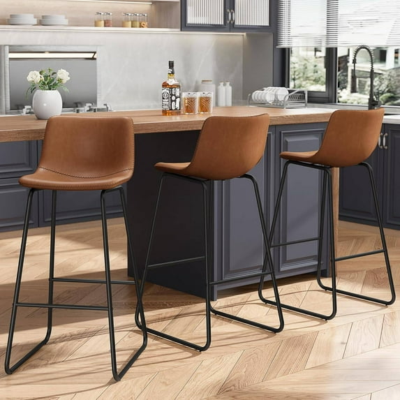 GIKPAL Bar Stools 30" Faux Leather Counter Height Barstools with Back Set of 3, Modern Counter Stools with Metal Legs and Footrest, Armless Chairs with Back for Kitchen Living Room Pub, Dark Brown