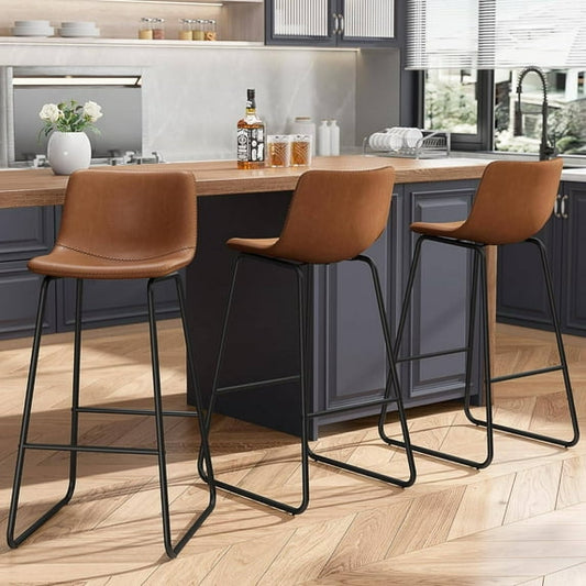 GIKPAL Bar Stools 30" Faux Leather Counter Height Barstools with Back Set of 3, Modern Counter Stools with Metal Legs and Footrest, Armless Chairs with Back for Kitchen Living Room Pub, Dark Brown