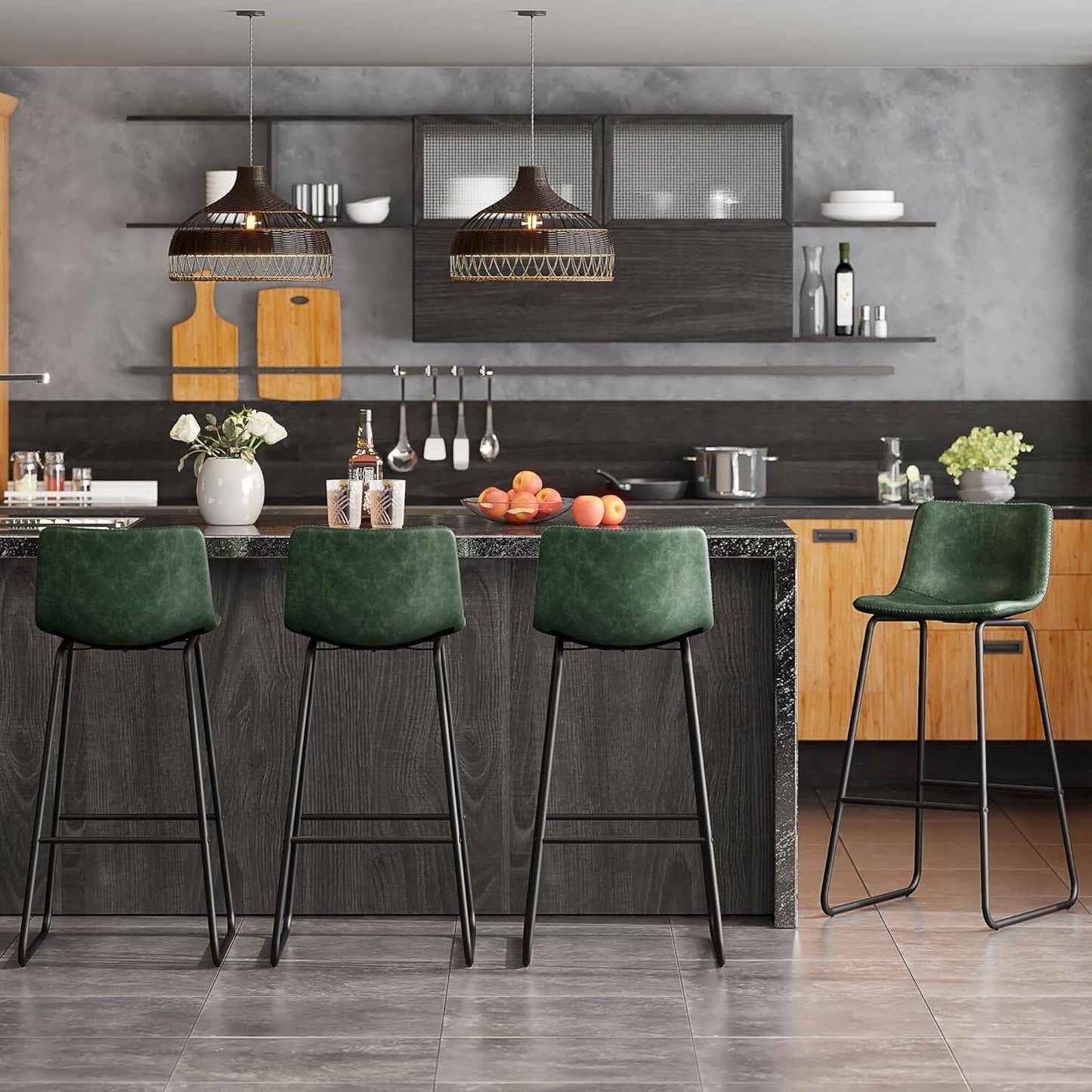 GIKPAL Bar Stools 30" Faux Leather Counter Height Barstools with Back Set of 4, Modern Counter Stools with Metal Legs and Footrest, Armless Chairs with Back for Kitchen Living Room Pub, Green