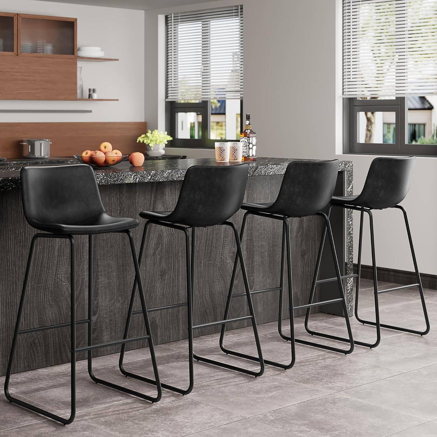 GIKPAL Bar Stools 30" Faux Leather Counter Height Barstools with Back Set of 4, Modern Counter Stools with Metal Legs and Footrest, Armless Chairs with Back for Kitchen Living Room Pub, Black