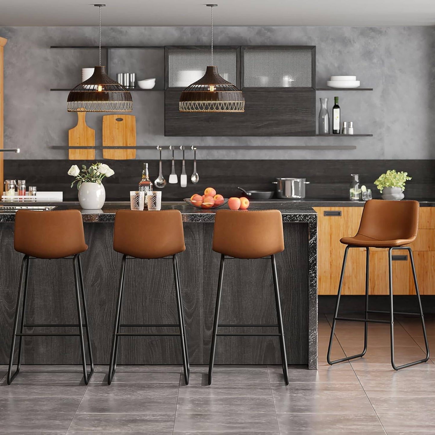 GIKPAL Bar Stools 30" Faux Leather Counter Height Barstools with Back Set of 4, Modern Counter Stools with Metal Legs and Footrest, Armless Chairs with Back for Kitchen Living Room Pub, Dark Brown