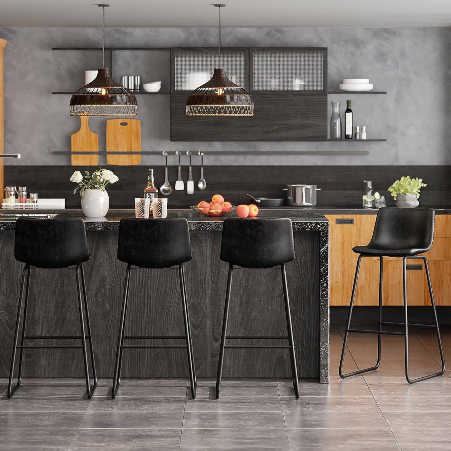 GIKPAL Bar Stools 30" Faux Leather Counter Height Barstools with Back Set of 6, Modern Counter Stools with Metal Legs and Footrest, Armless Chairs with Back for Kitchen Living Room Pub, Black