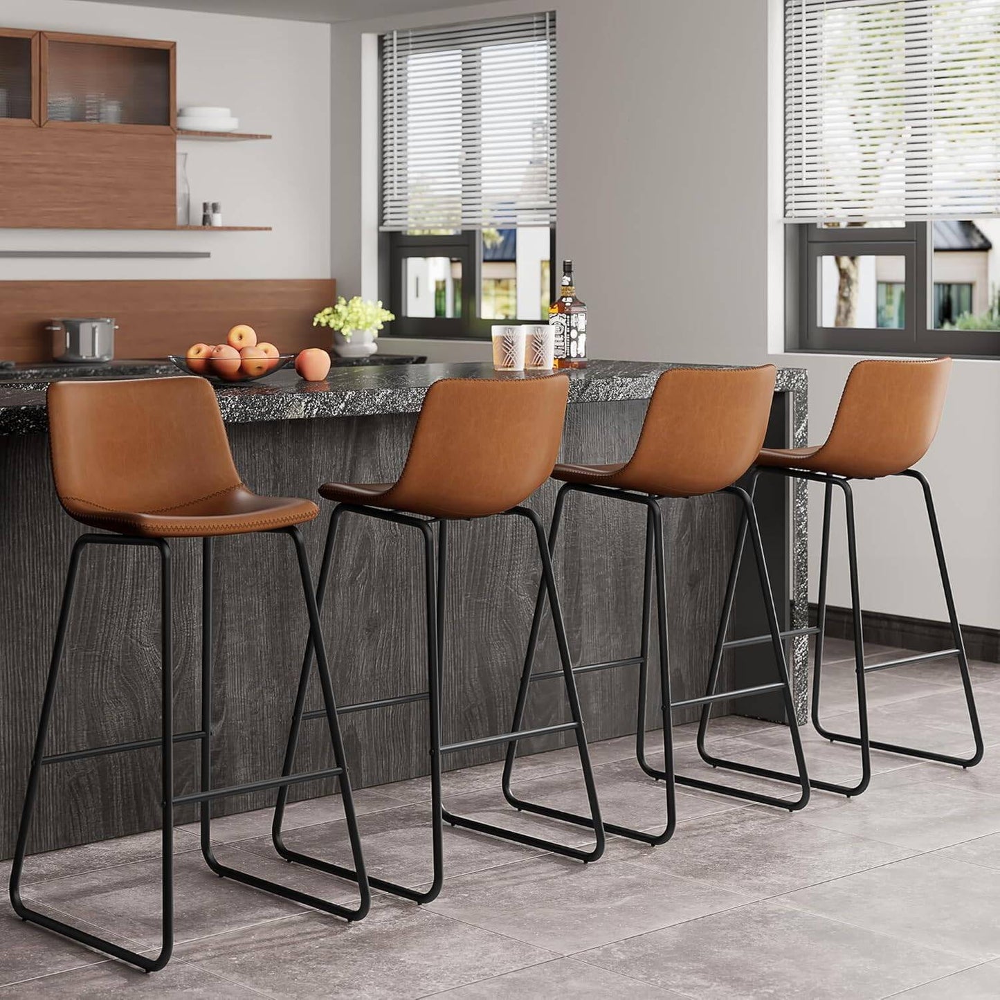 GIKPAL Bar Stools 30" Faux Leather Counter Height Barstools with Back Set of 6, Modern Counter Stools with Metal Legs and Footrest, Armless Chairs with Back for Kitchen Living Room Pub, Dark Brown