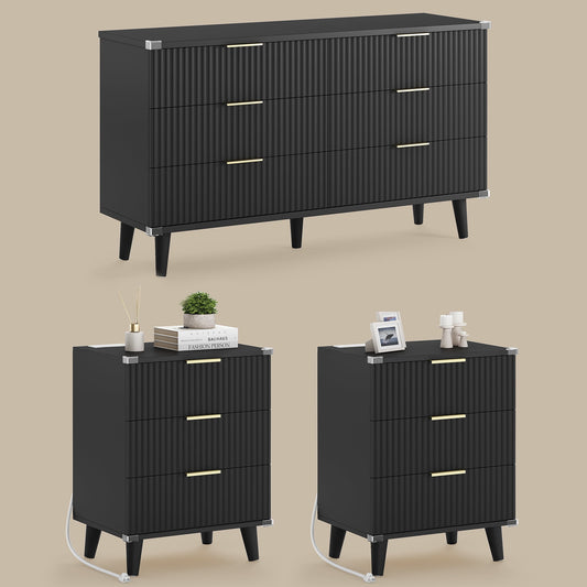 GIKPAL Bedroom Dresser and Nightstand 3 Piece Set - Includes Boho Double 6 Drawer Storage Dresser, Nightstand Set of 2 with Charging Station, Modern Bedroom Set, Black