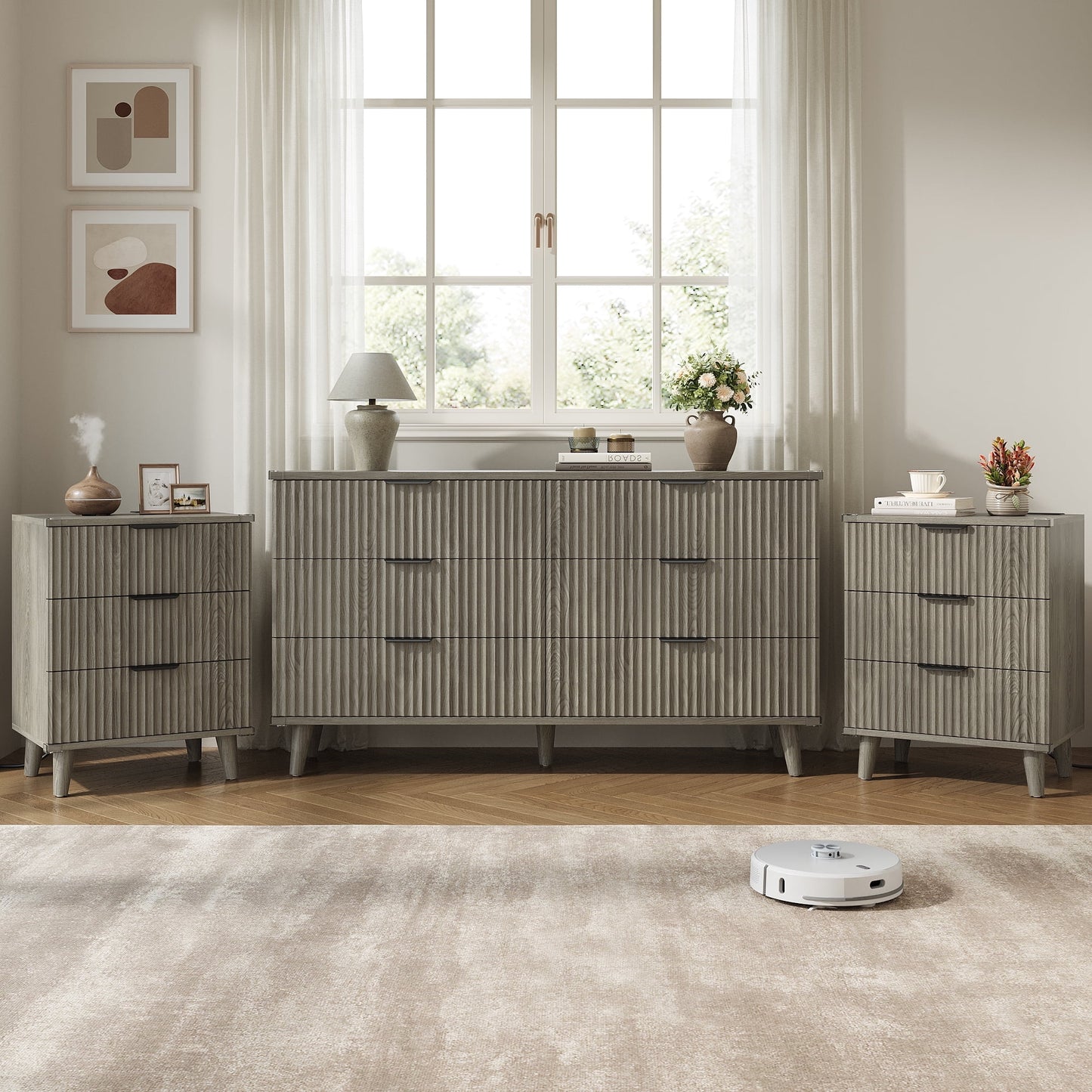 GIKPAL Bedroom Dresser and Nightstand 3 Piece Set - Includes Boho Double 6 Drawer Storage Dresser, Nightstand Set of 2 with Charging Station, Modern Bedroom Set, Dark Grey Oak