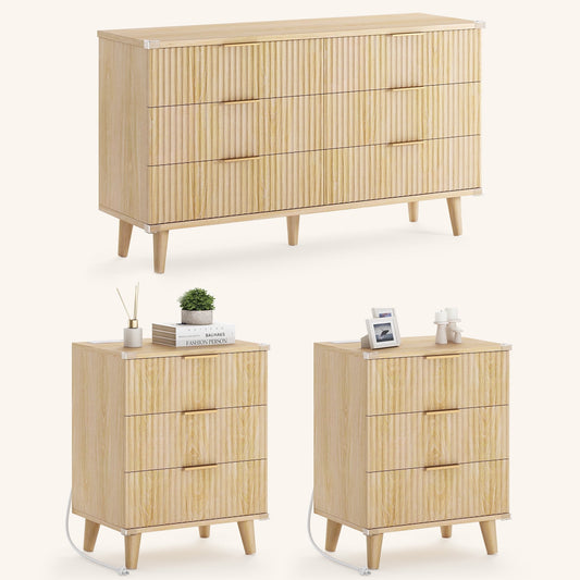GIKPAL Bedroom Dresser and Nightstand 3 Piece Set - Includes Boho Double 6 Drawer Storage Dresser, Nightstand Set of 2 with Charging Station, Modern Bedroom Set, Natural