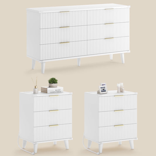 GIKPAL Bedroom Dresser and Nightstand 3 Piece Set - Includes Boho Double 6 Drawer Storage Dresser, Nightstand Set of 2 with Charging Station, Modern Bedroom Set, White