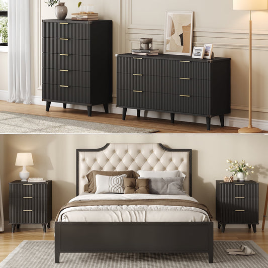 GIKPAL Bedroom Furniture Set - Includes 6 Drawer Dresser & 5 Drawer Dresser & 3 Drawer Nightstand Set of 2 with USB, Boho Dresser and Nightstand Sets, Black