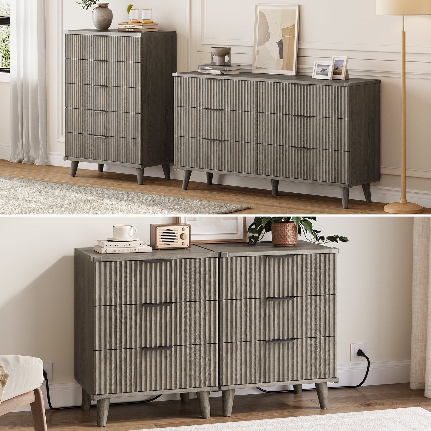 GIKPAL Bedroom Furniture Set - Includes 6 Drawer Dresser & 5 Drawer Dresser & 3 Drawer Nightstand Set of 2 with USB, Boho Dresser and Nightstand Sets, Dark Grey Oak