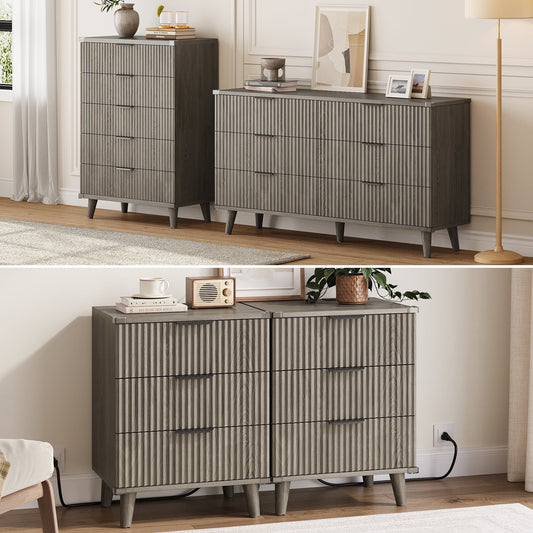 GIKPAL Bedroom Furniture Set - Includes 6 Drawer Dresser & 5 Drawer Dresser & 3 Drawer Nightstand Set of 2 with USB, Boho Dresser and Nightstand Sets, Dark Grey Oak