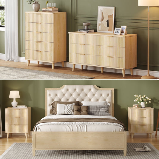 GIKPAL Bedroom Furniture Set - Includes 6 Drawer Dresser & 5 Drawer Dresser & 3 Drawer Nightstand Set of 2 with USB, Boho Dresser and Nightstand Sets, Natural