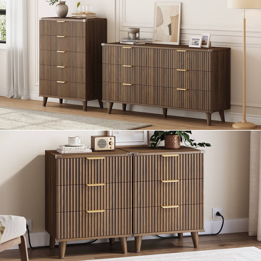 GIKPAL Bedroom Furniture Set - Includes 6 Drawer Dresser & 5 Drawer Dresser & 3 Drawer Nightstand Set of 2 with USB, Boho Dresser and Nightstand Sets, Walnut