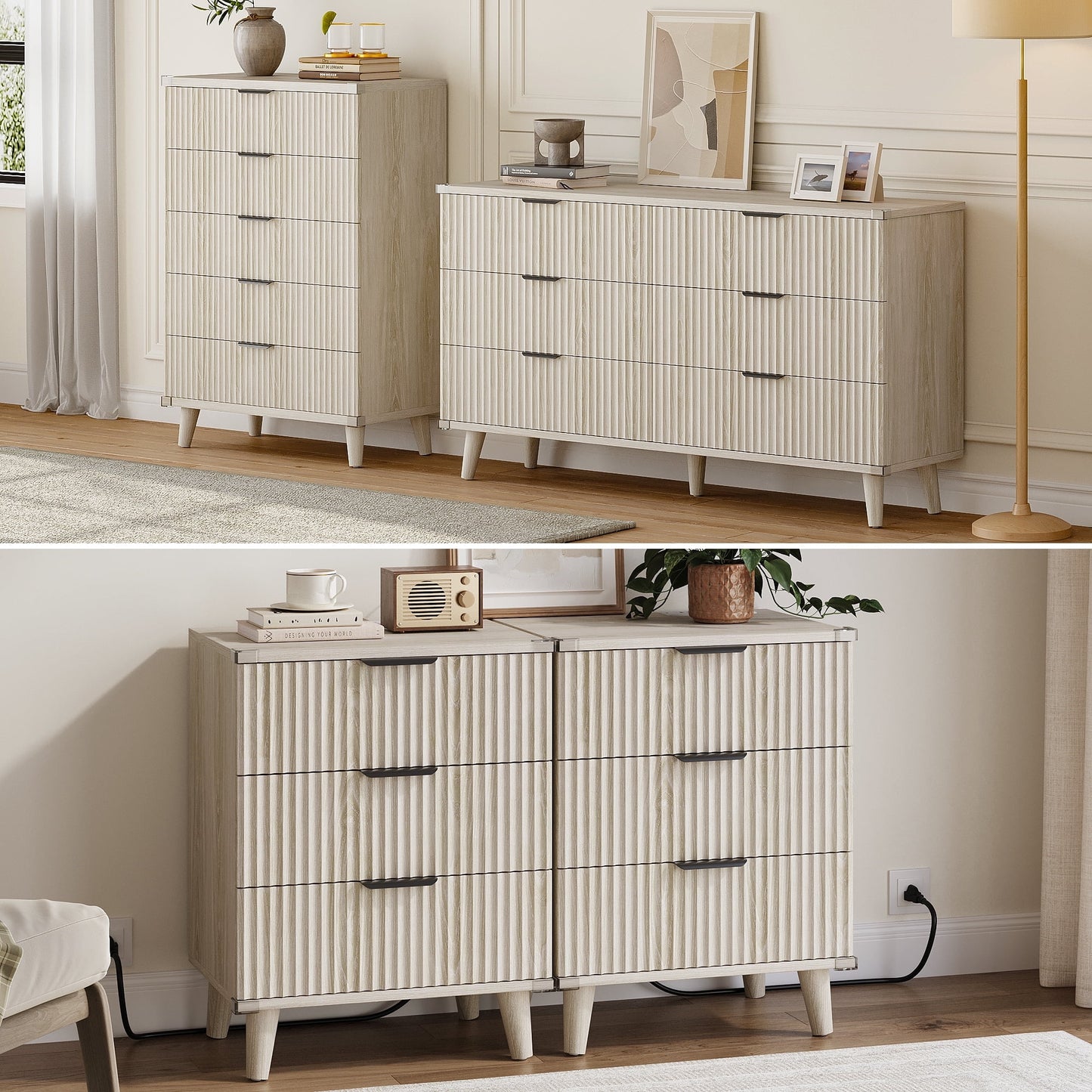 GIKPAL Bedroom Furniture Set - Includes 6 Drawer Dresser & 5 Drawer Dresser & 3 Drawer Nightstand Set of 2 with USB, Boho Dresser and Nightstand Sets, White Oak