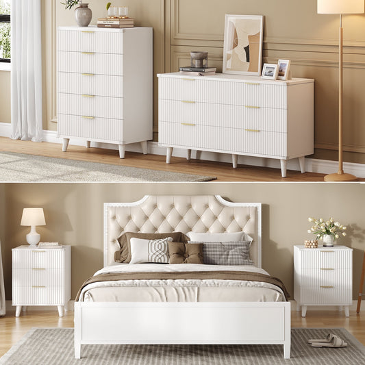 GIKPAL Bedroom Furniture Set - Includes 6 Drawer Dresser & 5 Drawer Dresser & 3 Drawer Nightstand Set of 2 with USB, Boho Dresser and Nightstand Sets, White