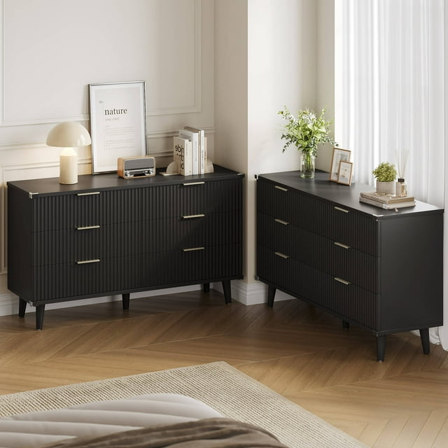 GIKPAL Black Dresser with 6 Drawer Set of 2, Modern Chest of Double Drawers Dressers, Wood Boho Fluted Storage Cabinet with Metal Handles, for Living Room