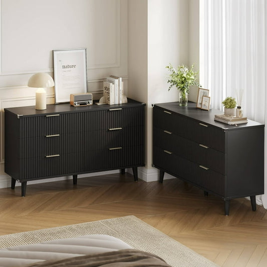 GIKPAL Black Dresser with 6 Drawer Set of 2, Modern Chest of Double Drawers Dressers, Wood Boho Fluted Storage Cabinet with Metal Handles, for Living Room