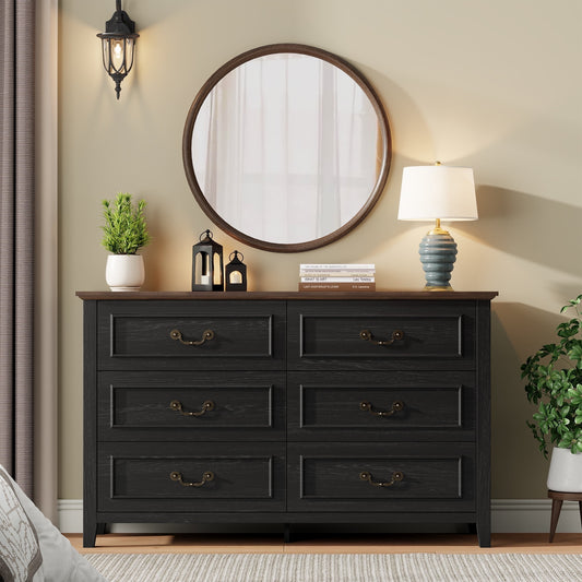 GIKPAL Black Dresser for Bedroom, 6 Drawers Wood Dresser with Antique Handles, Farmhouse Rustic Chest of Drawers for Bedroom, Living Room, Entryway & Hallway