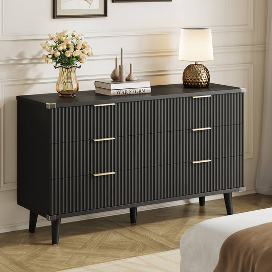 GIKPAL Black Dresser for bedroom 6 Drawer, Modern Chest of Double Drawers Dressers, Wood Boho Fluted Storage Cabinet with Metal Handles, for Living Room, Entryway & Hallway