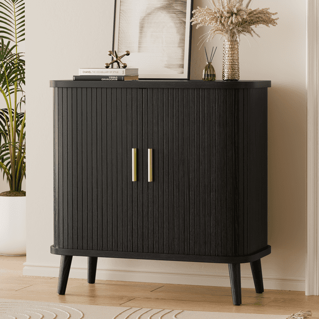 GIKPAL Buffet Cabinet with Storage, Storage Cabinet, Console Table Credenza with Tambour Slatted Sliding Doors, TV Stand for Living Room, Kitchen, Black