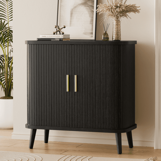GIKPAL Buffet Cabinet with Storage, Storage Cabinet, Console Table Credenza with Tambour Slatted Sliding Doors, TV Stand for Living Room, Kitchen, Black