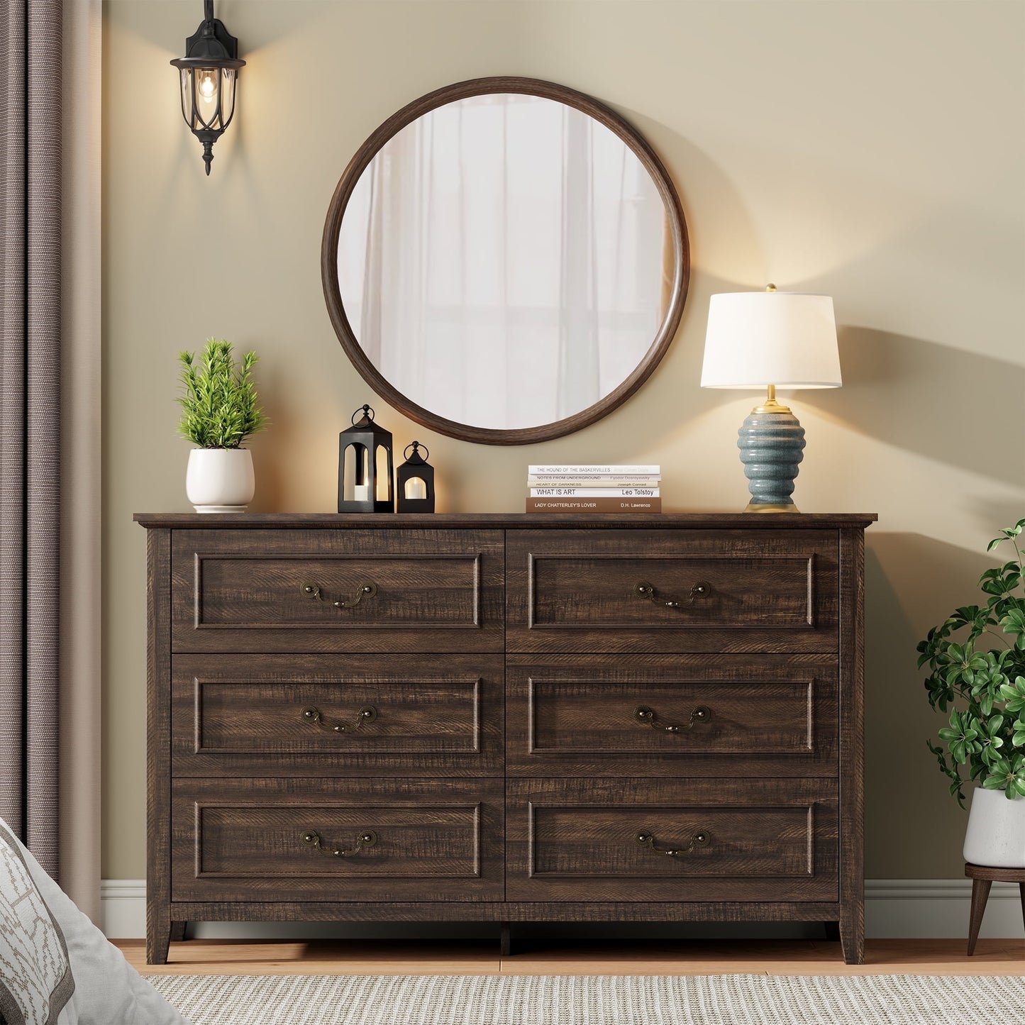 GIKPAL Dresser for Bedroom, 6 Drawers Wood Dresser with Antique Handles, Farmhouse Rustic Chest of Drawers for Bedroom, Living Room, Entryway & Hallway