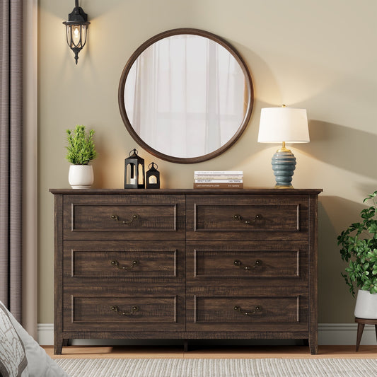 GIKPAL Dresser for Bedroom, 6 Drawers Wood Dresser with Antique Handles, Farmhouse Rustic Chest of Drawers for Bedroom, Living Room, Entryway & Hallway