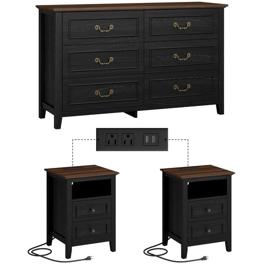 GIKPAL Dresser and Nightstand 3 Piece Set - Includes Double 6 Drawer Farmhouse Dresser, Nightstand Set of 2 with Charging Station, Vintage Bedroom Set, Black