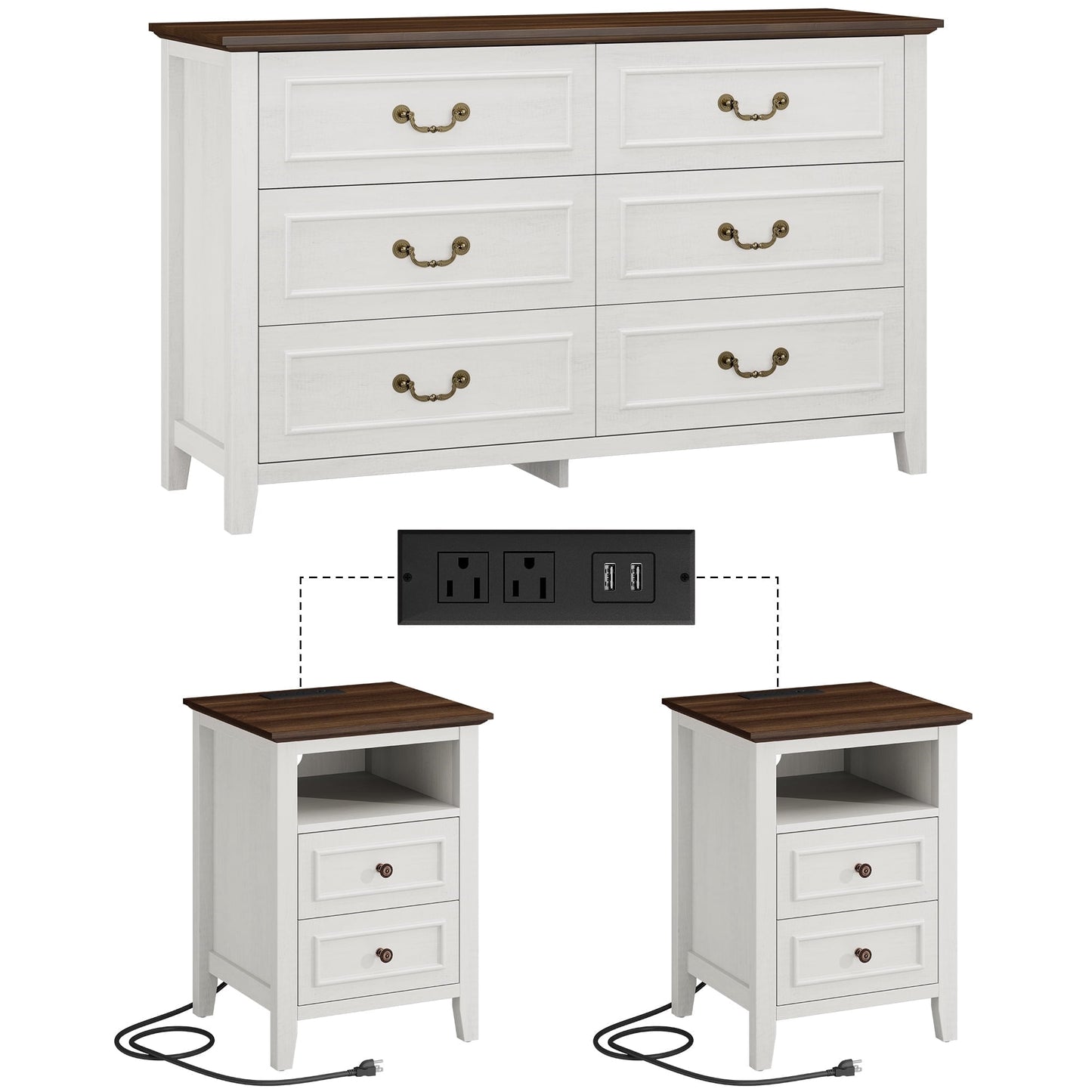 GIKPAL Dresser and Nightstand 3 Piece Set - Includes Double 6 Drawer Farmhouse Dresser, Nightstand Set of 2 with Charging Station, Vintage Bedroom Set, White
