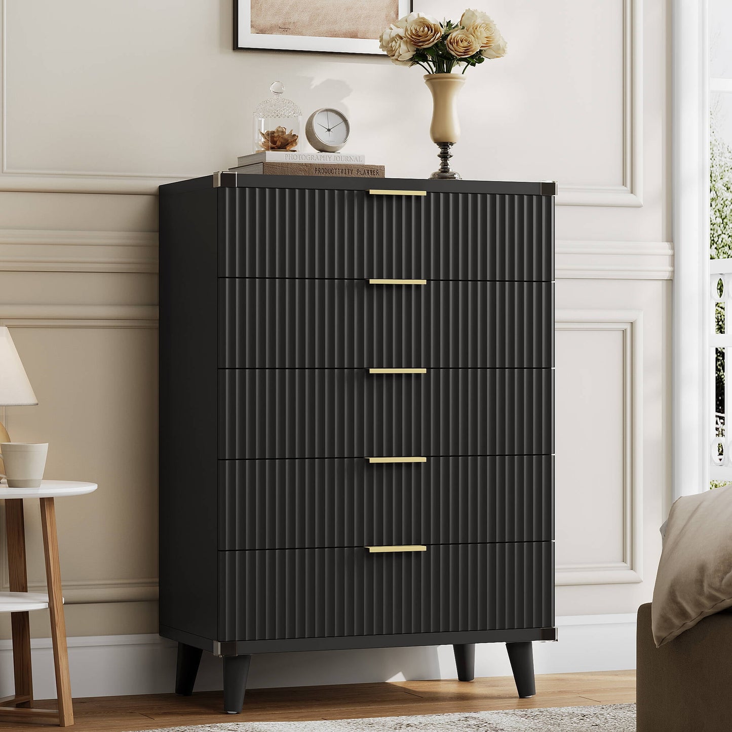 GIKPAL Dresser for Bedroom with 5 Drawer Tall Dresser Chest of Drawers Wooden Dressers Storage for Closet Living Room Hallway, Black