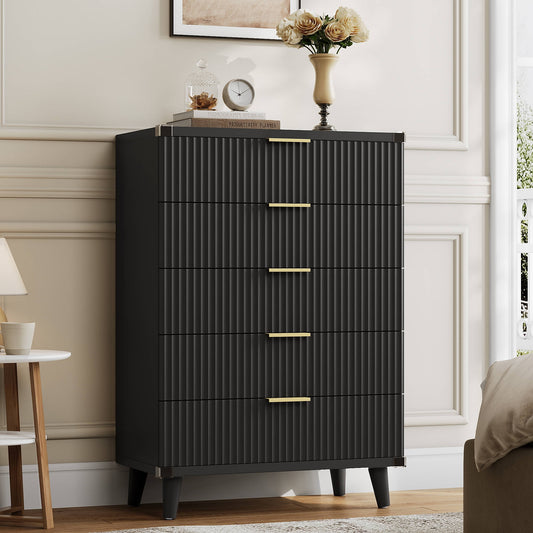 GIKPAL Dresser for Bedroom with 5 Drawer Tall Dresser Chest of Drawers Wooden Dressers Storage for Closet Living Room Hallway, Black