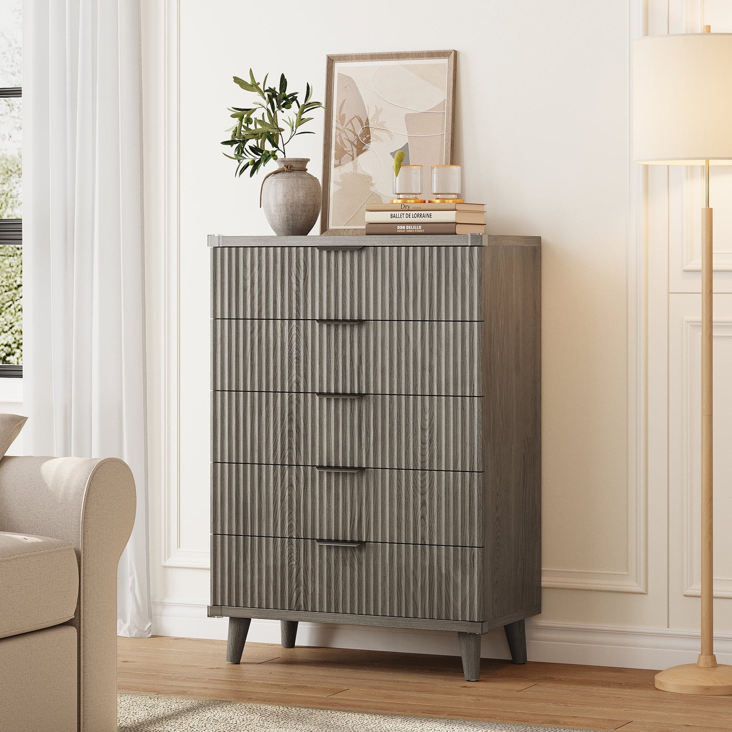 GIKPAL Dresser for Bedroom with 5 Drawer Tall Dresser Chest of Drawers Wooden Dressers Storage for Closet Living Room Hallway, Dark Grey Oak