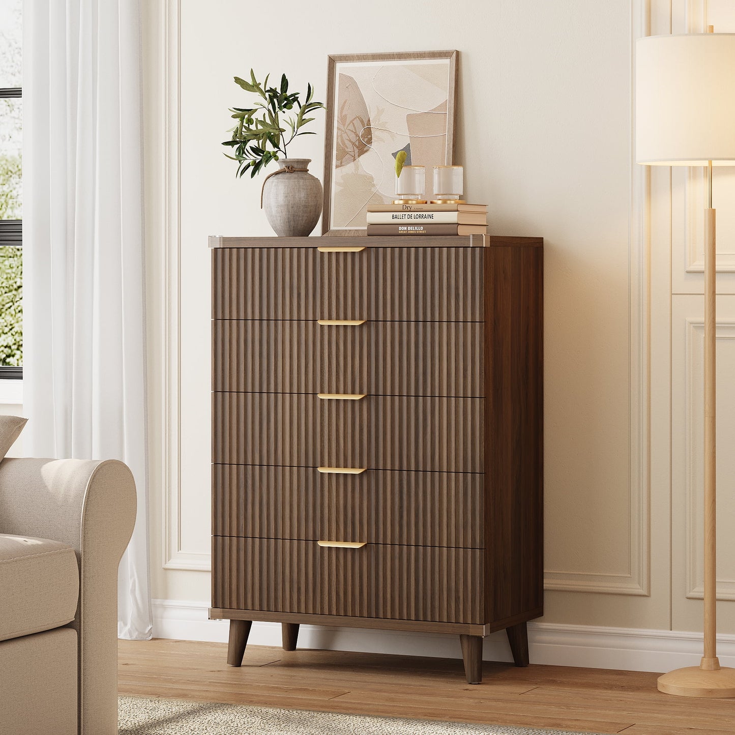 GIKPAL Dresser for Bedroom with 5 Drawer Tall Dresser Chest of Drawers Wooden Dressers Storage for Closet Living Room Hallway, Walnut