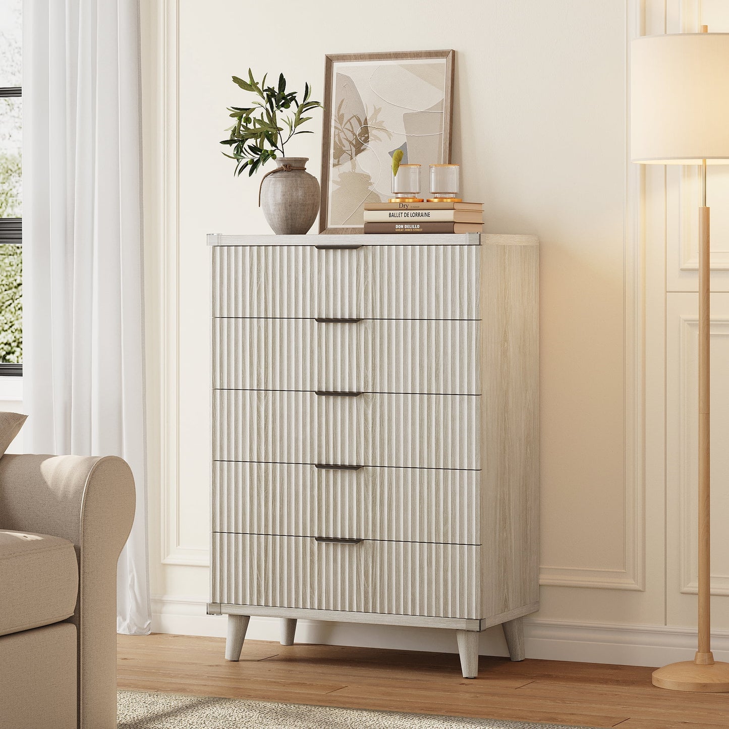 GIKPAL Dresser for Bedroom with 5 Drawer Tall Dresser Chest of Drawers Wooden Dressers Storage for Closet Living Room Hallway, White Oak