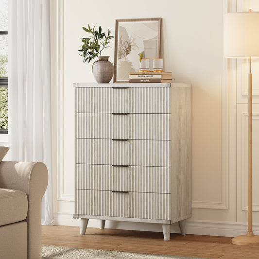 GIKPAL Dresser for Bedroom with 5 Drawer Tall Dresser Chest of Drawers Wooden Dressers Storage for Closet Living Room Hallway, White Oak