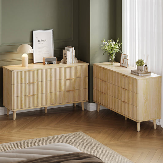 GIKPAL Dressers for Bedroom 6 Drawer Set of 2, Modern Chest of Double Drawers Dressers, Wood Boho Fluted Storage Cabinet with Metal Handles, for Living Room, Natural