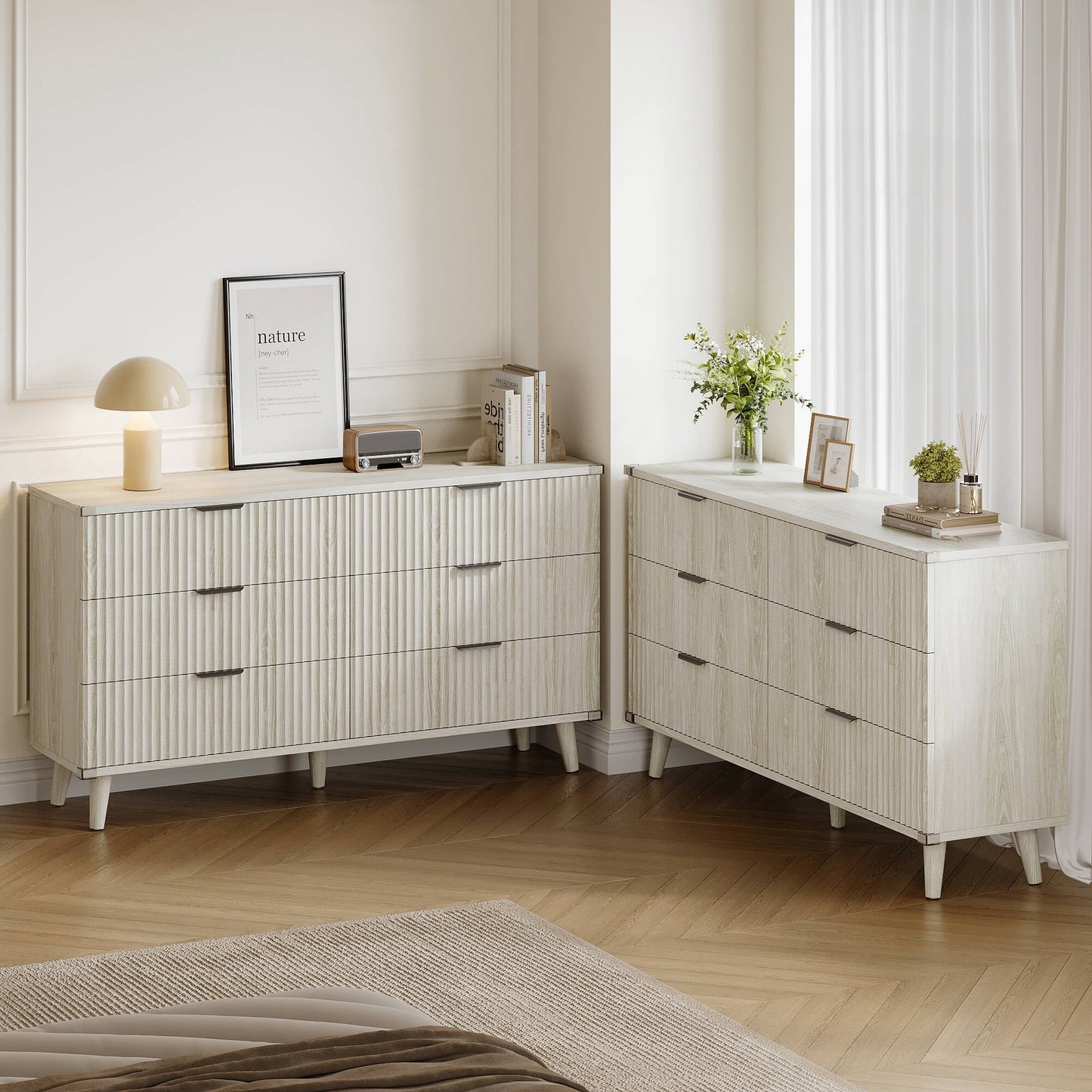 GIKPAL Dressers for Bedroom 6 Drawer Set of 2, Modern Chest of Double Drawers Dressers, Wood Boho Fluted Storage Cabinet with Metal Handles, for Living Room, White Oak
