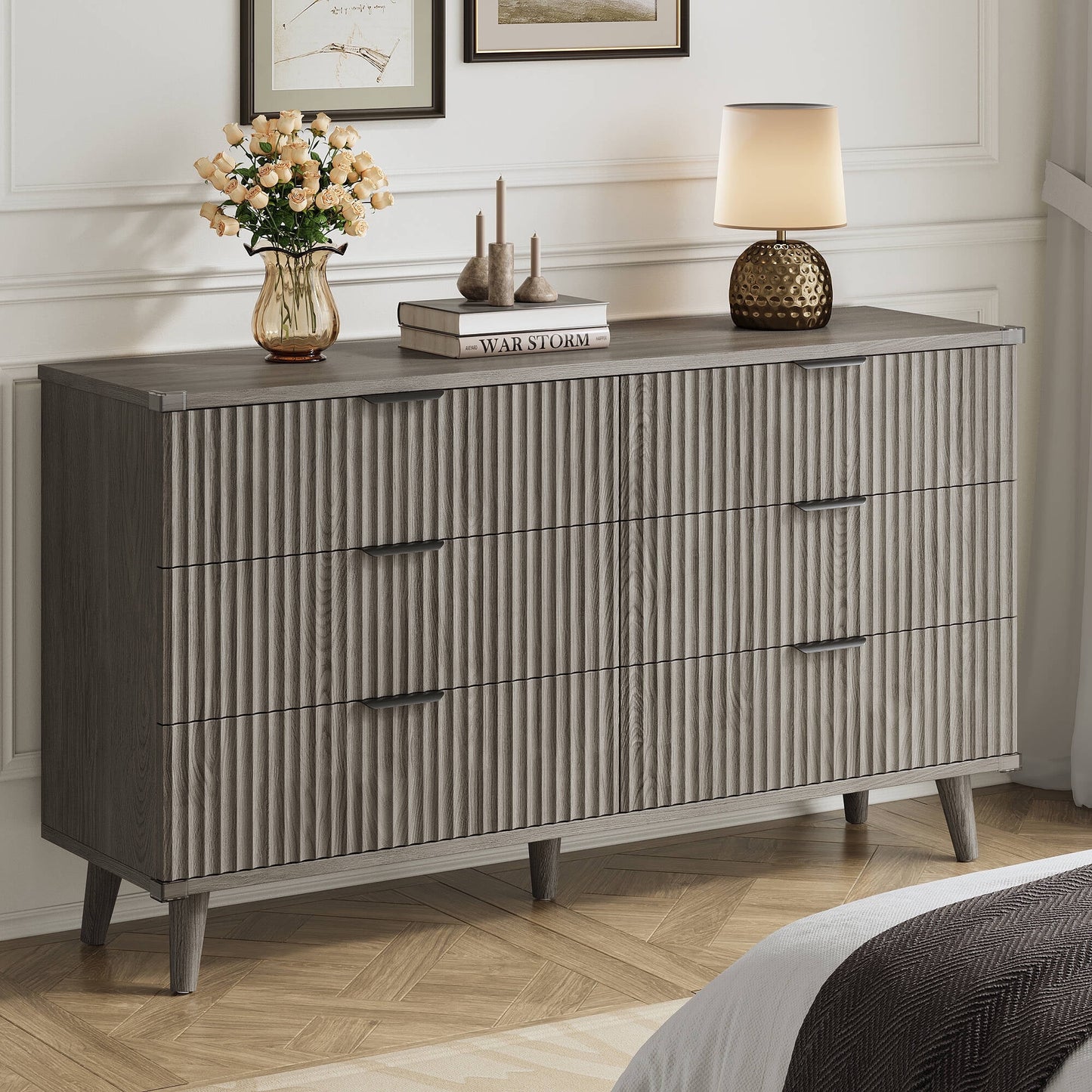 GIKPAL Dressers for Bedroom 6 Drawer, Wood Chest of Double Drawers Dressers, Modern Boho Fluted Storage Cabinet with Metal Handles, for Living Room, Entryway & Hallway, Dark Grey Oak