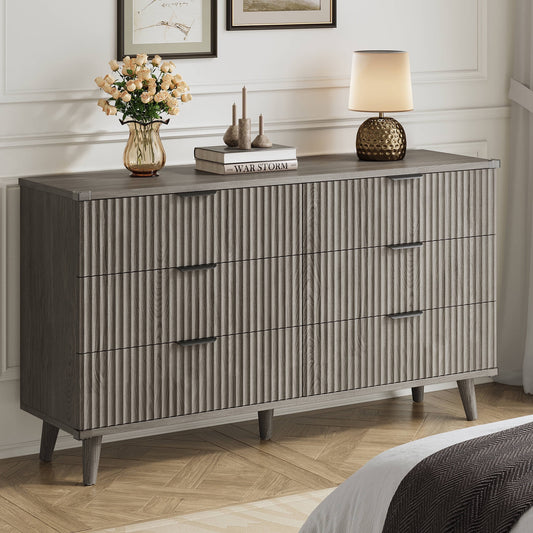 GIKPAL Dressers for Bedroom 6 Drawer, Wood Chest of Double Drawers Dressers, Modern Boho Fluted Storage Cabinet with Metal Handles, for Living Room, Entryway & Hallway, Dark Grey Oak