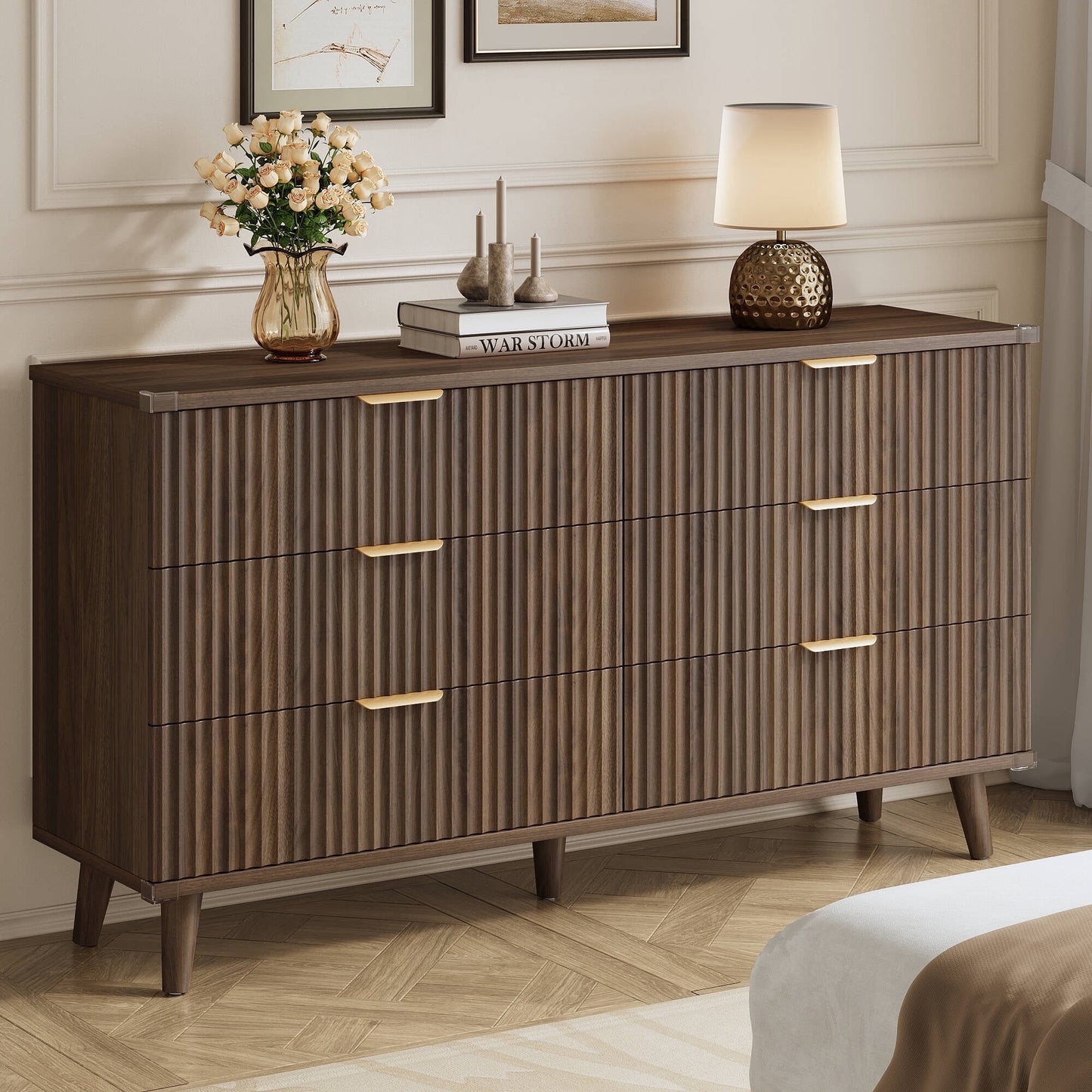 GIKPAL Dressers for Bedroom 6 Drawer, Wood Chest of Double Drawers Dressers, Modern Boho Fluted Storage Cabinet with Metal Handles, for Living Room, Entryway & Hallway, Walnut