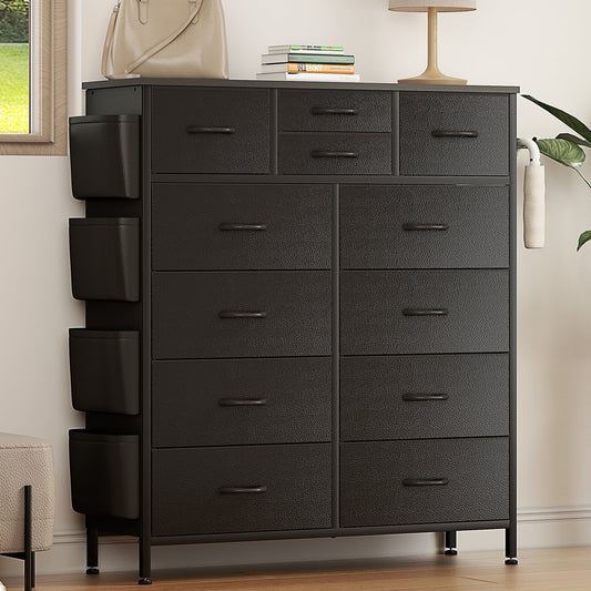 Aowos 12 Drawer Fabric Dresser for Bedroom, Chest of Drawer Organizer Storage Cabinet for Closet, Entryway,PU Black